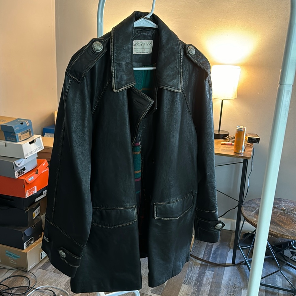 We the free size, small leather double breasted plaid lined.